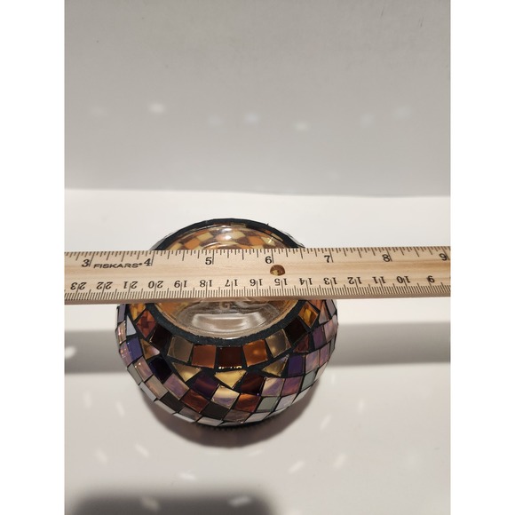 PartyLite Mosaic Glass Candle Holder Amber Iridescent Beaded Cabochon Votive Cup - Picture 7 of 8
